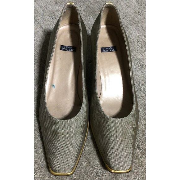 Stuart Weitzman Gold Tan Fabric Low Block Heel Pump Leather Sole Made In Spain 8 - Picture 6 of 6